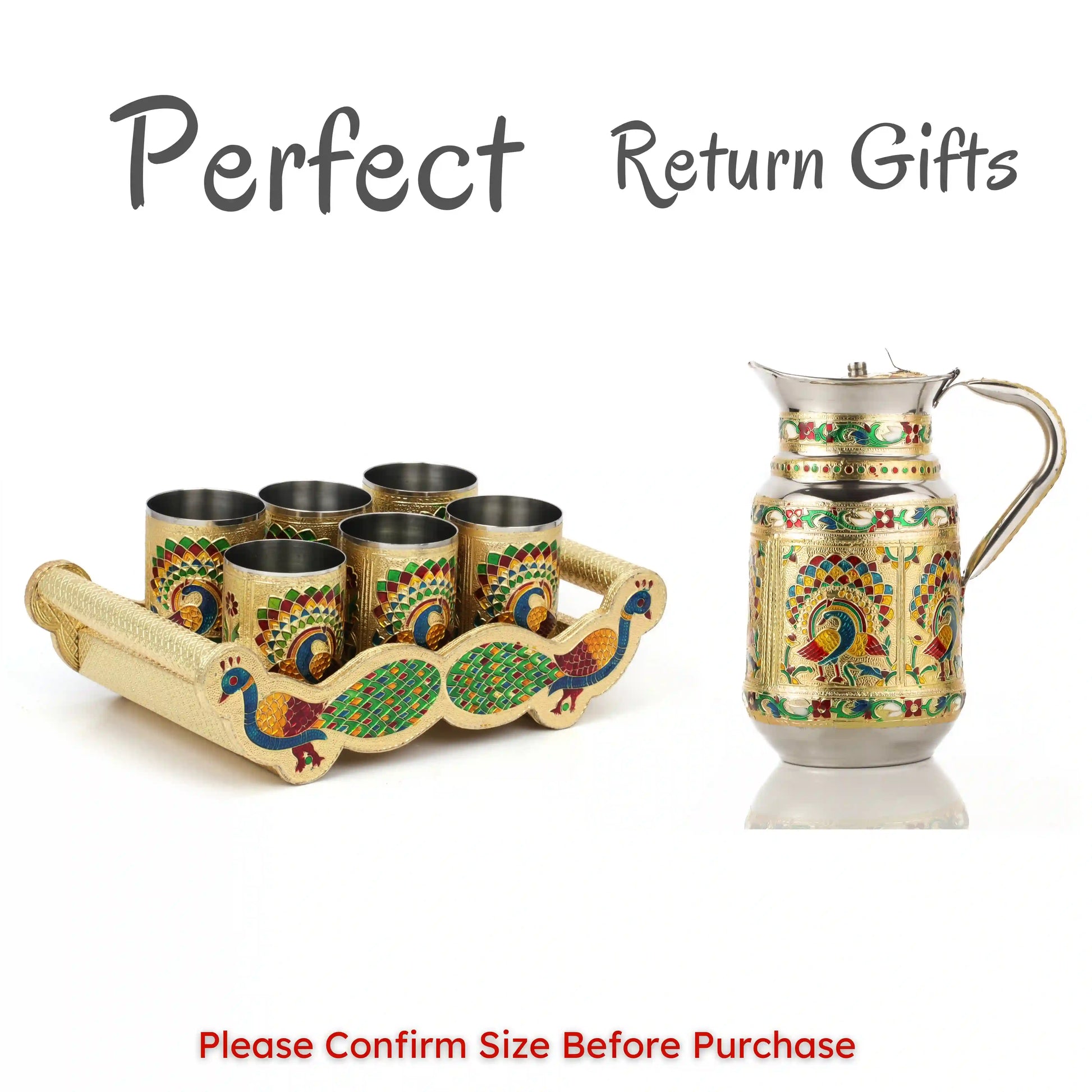 Golden Meenakari Serving Set | 6 Glass Tray with 1.5 L Jug Steel Drinkware