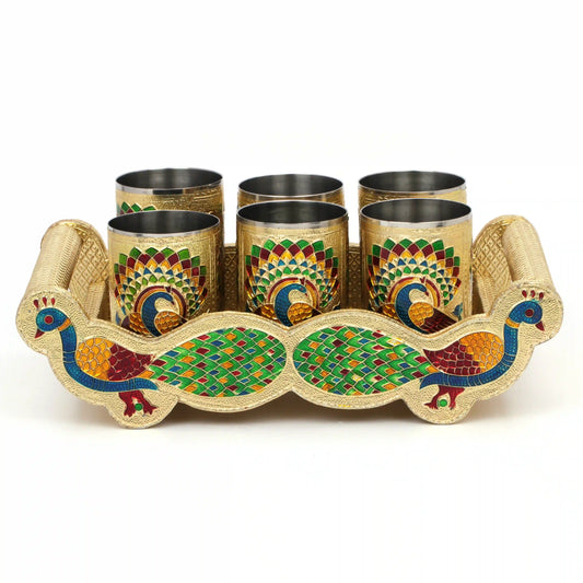 Golden Meenakari Serving Set | 6 Glass Tray with 1.5 L Jug Steel Drinkware
