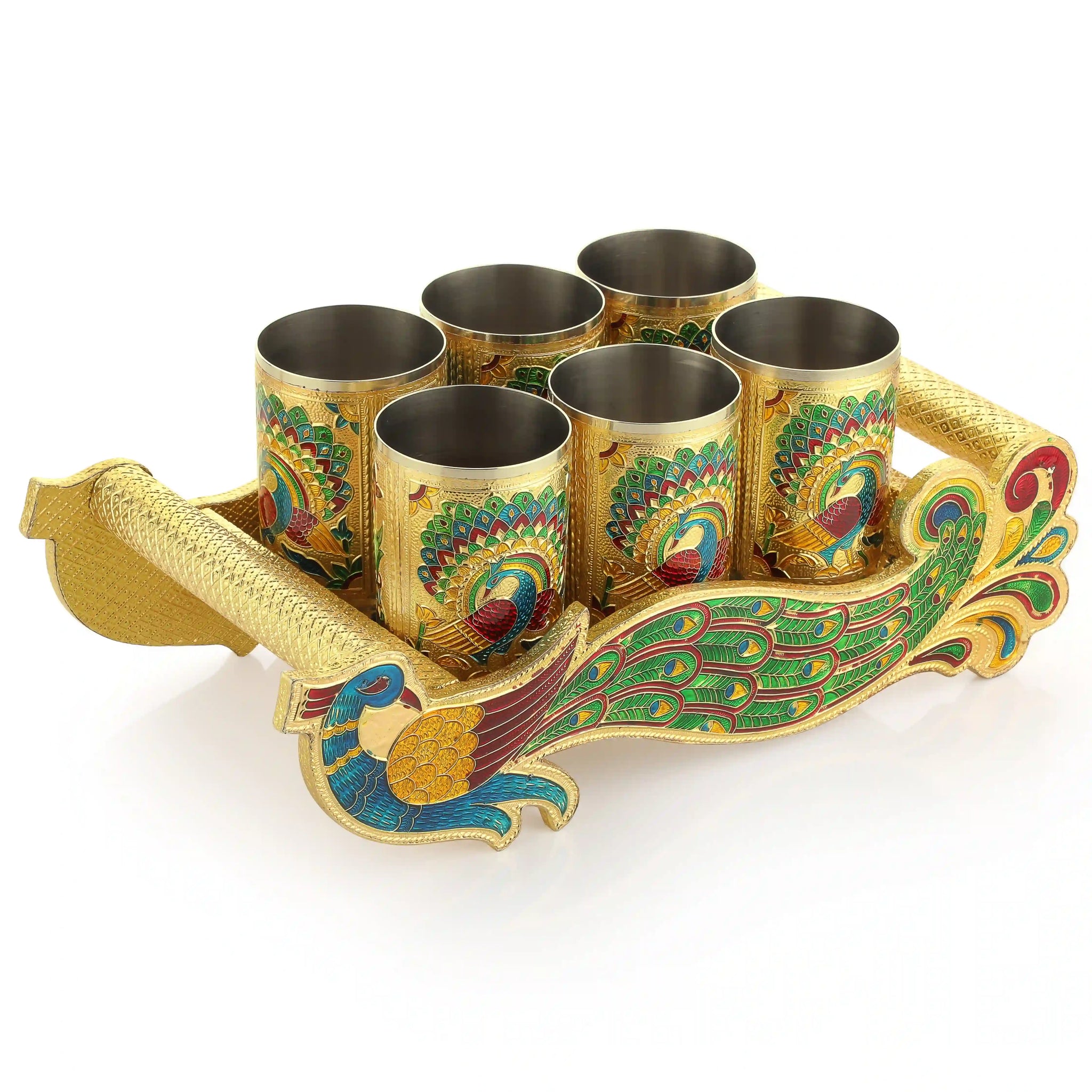 Meenakari Glass Tray Serving Set | Decorative Steel Tray for Snacks & Drinks