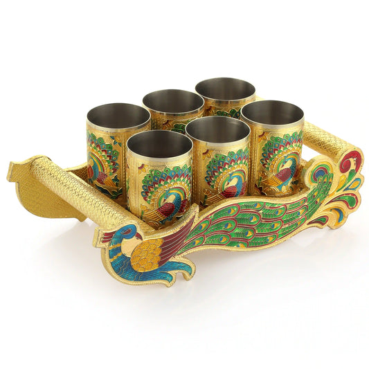 Meenakari Glass Tray Serving Set | Decorative Steel Tray for Snacks & Drinks