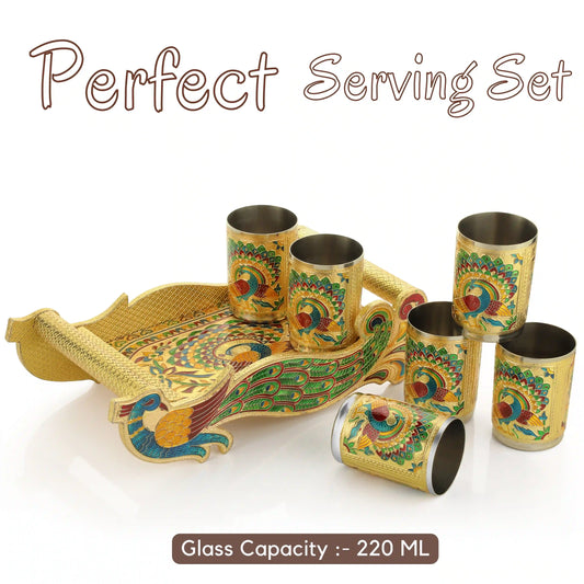 Meenakari Glass Tray Serving Set | Decorative Steel Tray for Snacks & Drinks