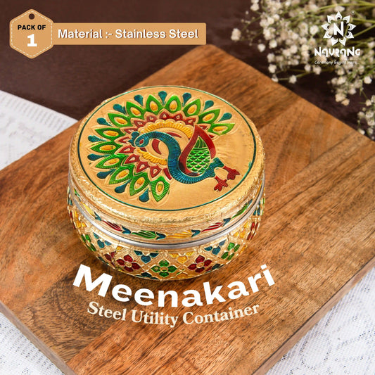 Golden Meenakari Peacock Steel Dabba 300 ml | Utility Container for Kitchen