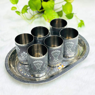 serving steel tray set meenakari tray set glass decorative glass