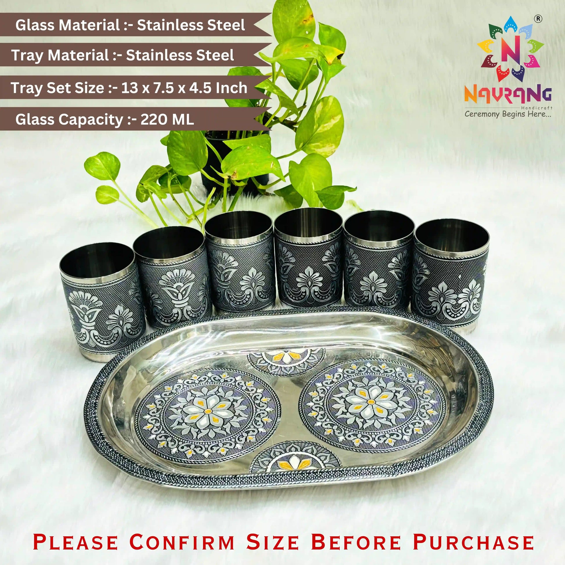 Serving Meenakari Steel Glass Tray Set | Snacks & Drinks Serving Set