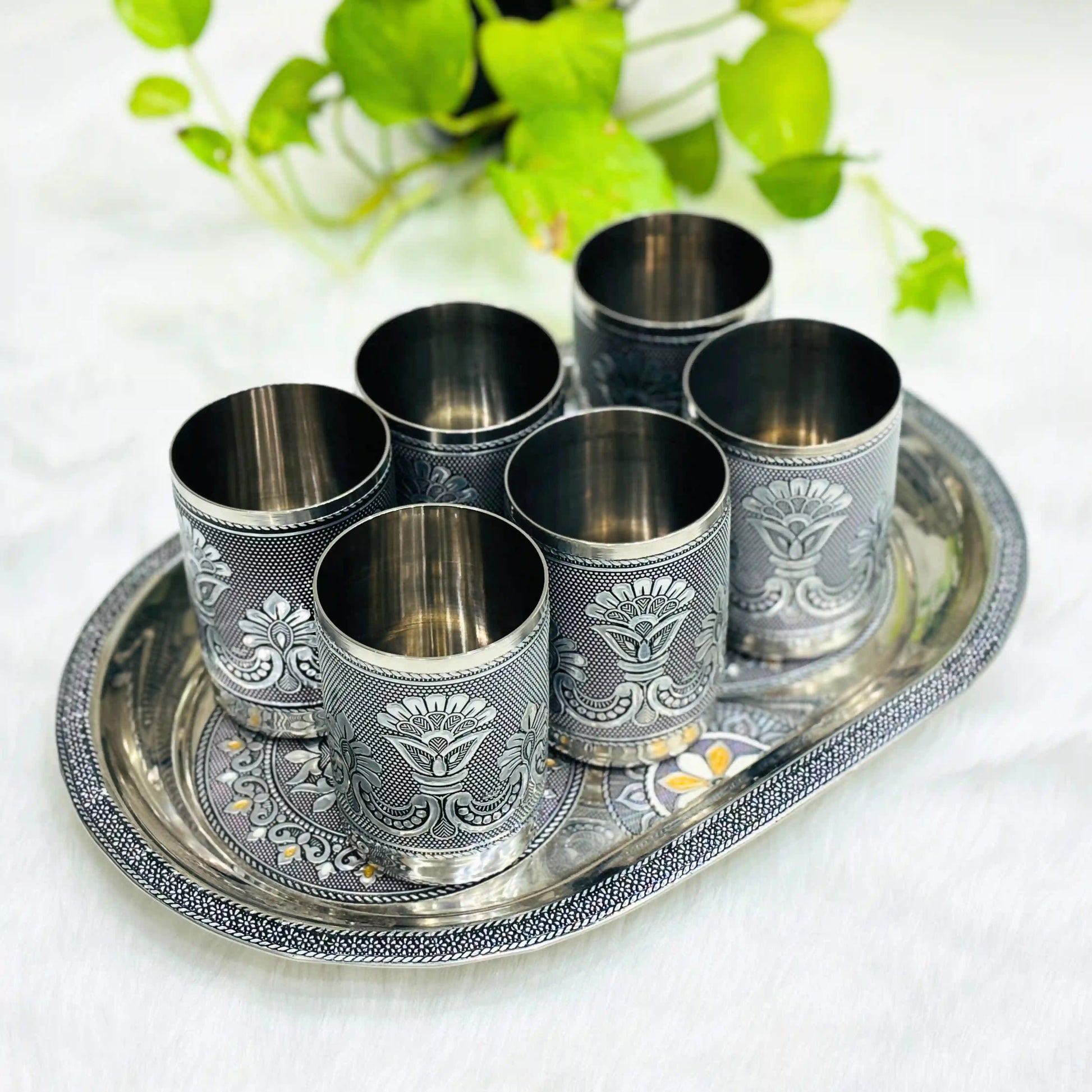 Serving Meenakari Steel Glass Tray Set | Snacks & Drinks Serving Set