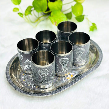 Serving Meenakari Steel Glass Tray Set | Snacks & Drinks Serving Set
