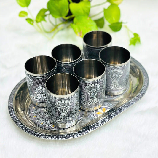 Serving Meenakari Steel Glass Tray Set | Snacks & Drinks Serving Set