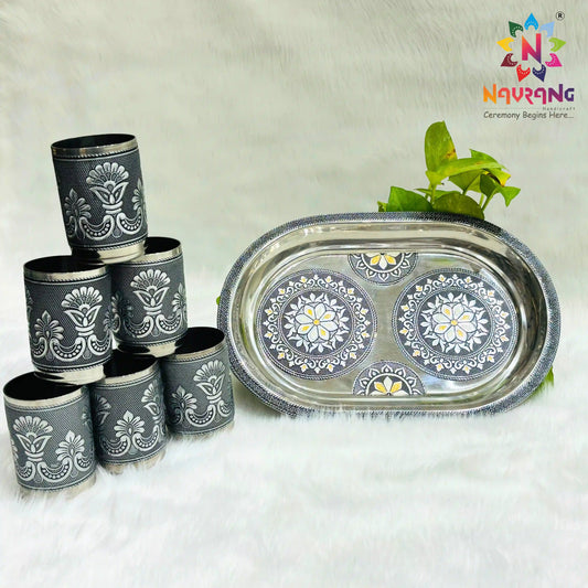Serving Meenakari Steel Glass Tray Set | Snacks & Drinks Serving Set