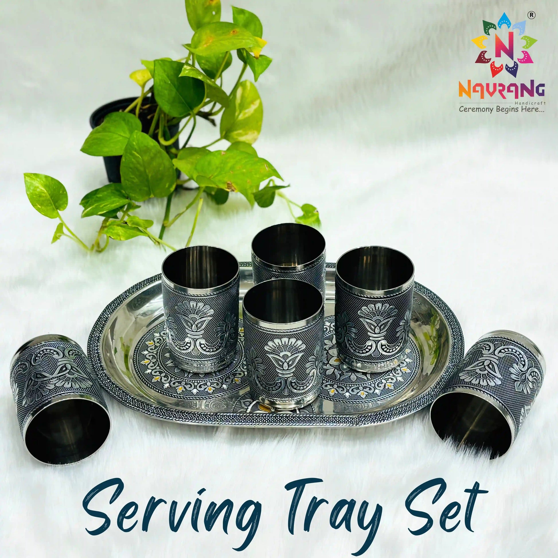 Serving Meenakari Steel Glass Tray Set | Snacks & Drinks Serving Set