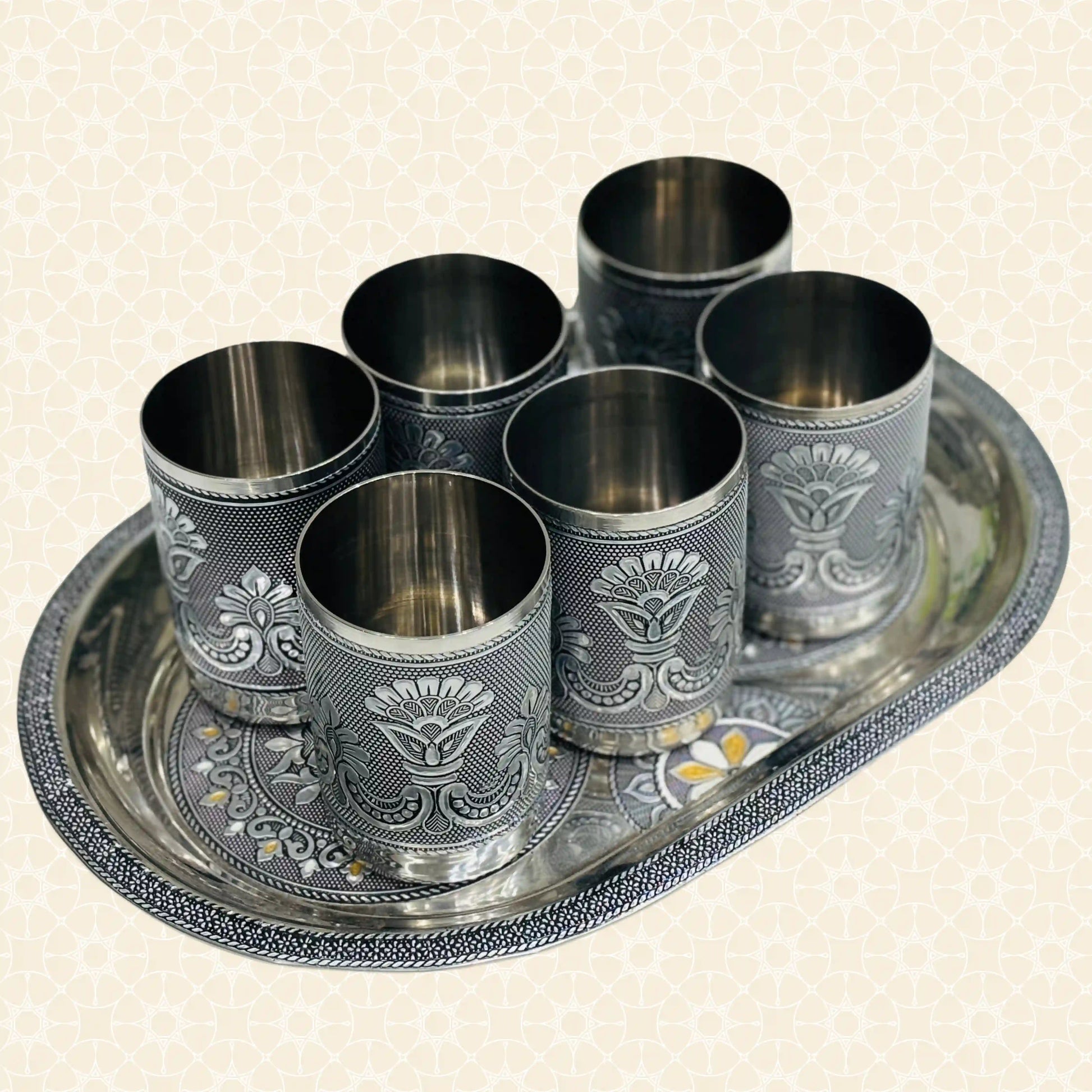 Serving Meenakari Steel Glass Tray Set | Snacks & Drinks Serving Set