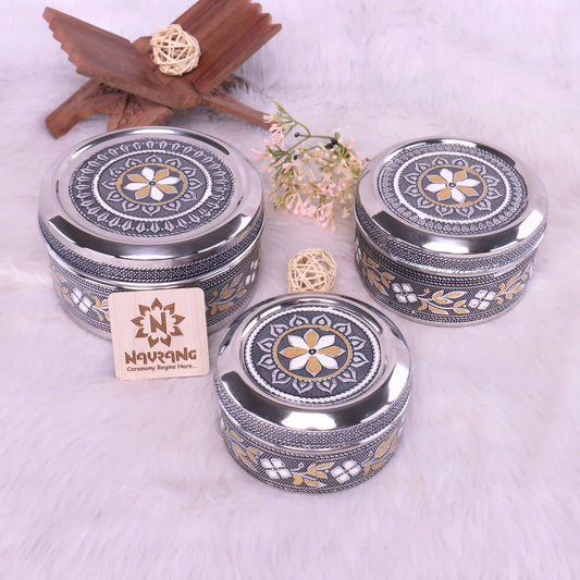 Oxidized Meenakari Steel Utility King Containers Set of 3 | Round Storage Boxes