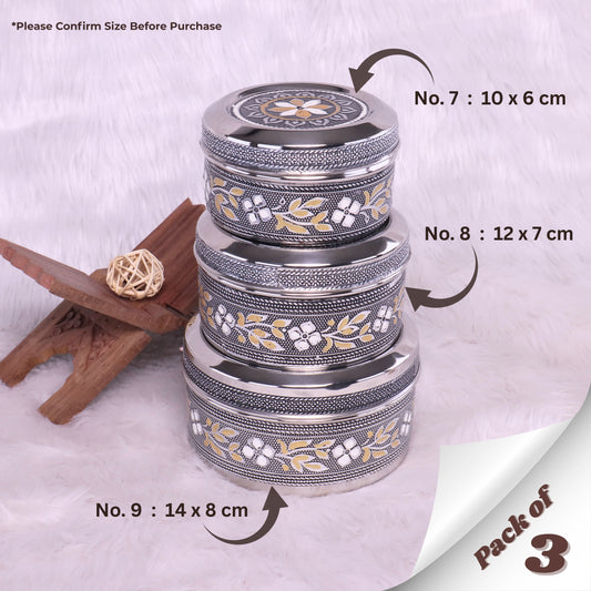 Oxidized Meenakari Steel Utility King Containers | Set of 3 Round Floral Storage Boxes for Dry Fruits, Spices, Mukhwas | Traditional Return Gift & Kitchen Organizer