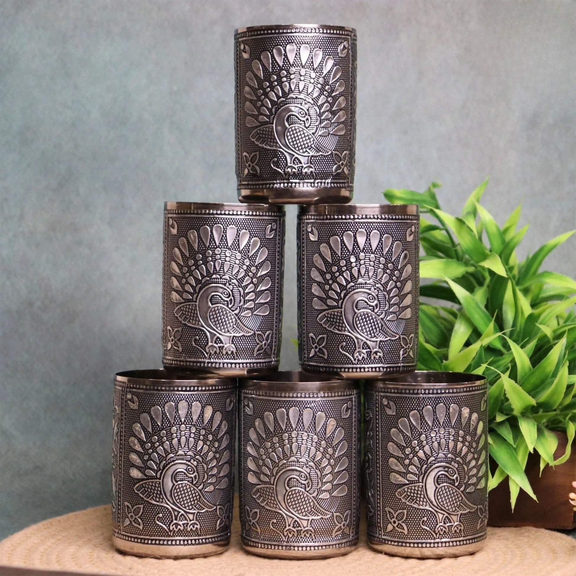 Oxidized Meenakari Steel Glasses Set of 6 | Floral Engraved Drinking Glass Set