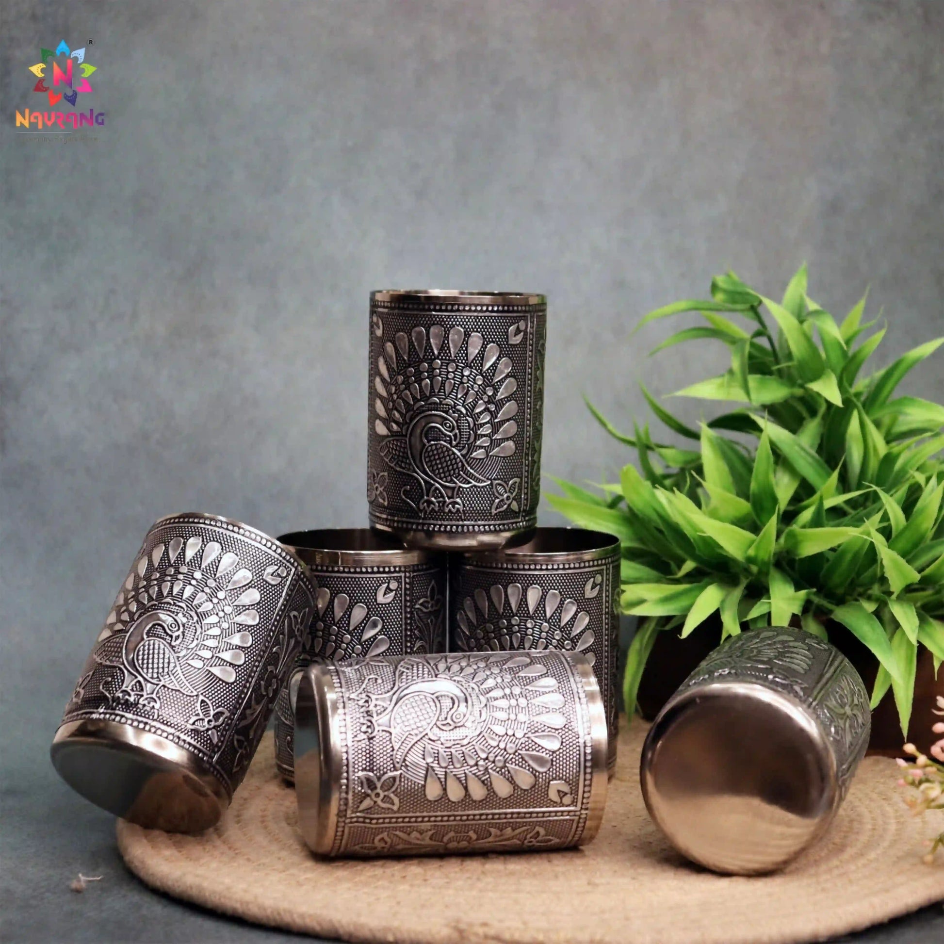 Oxidized Meenakari Steel Glasses Set of 6 | Floral Engraved Drinking Glass Set