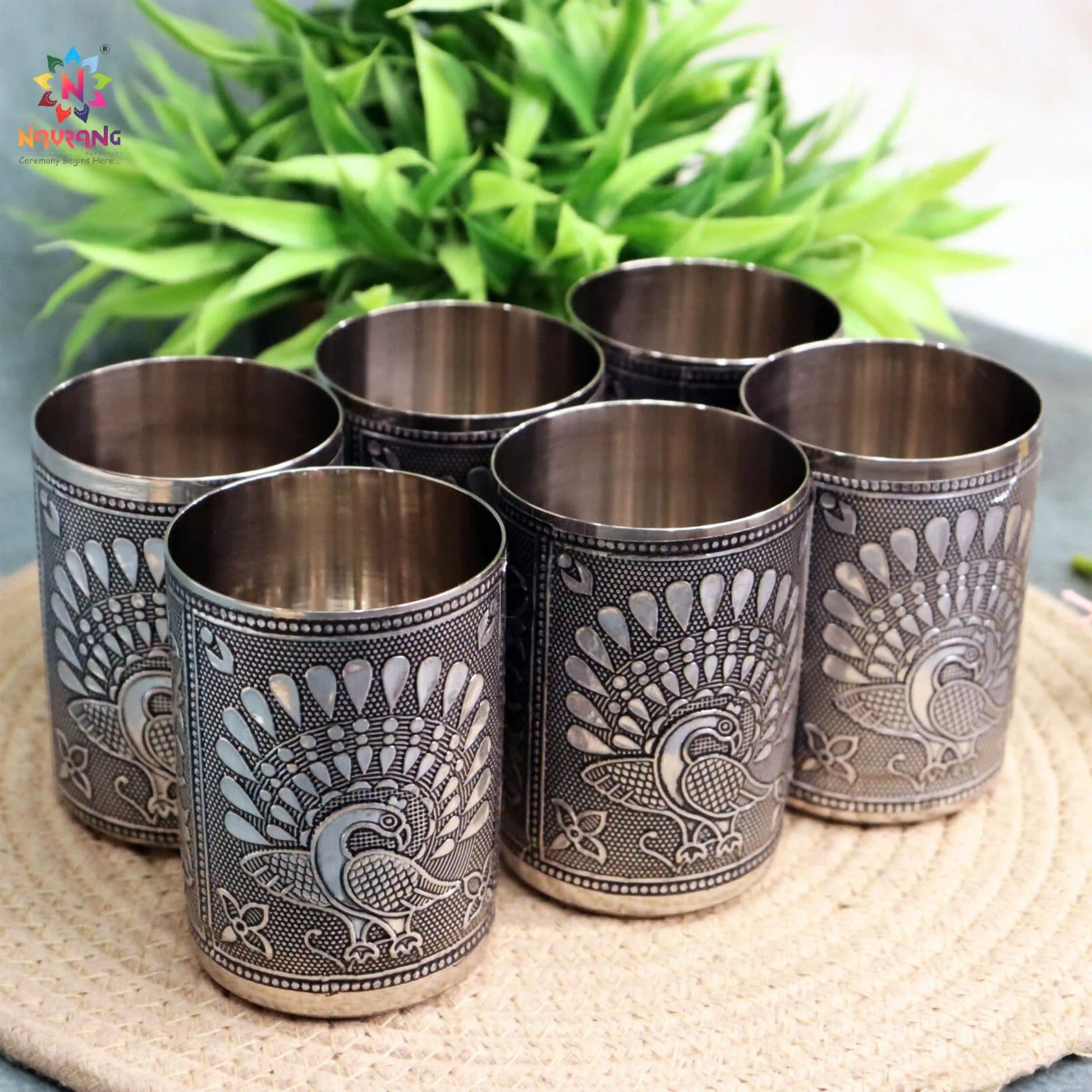 Oxidized Meenakari Steel Glasses Set of 6 | Floral Engraved Drinking Glass Set