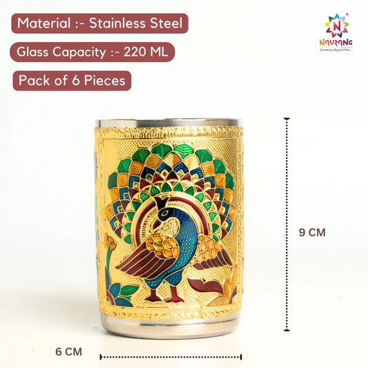Meenakari Serving Glass Set of 6 Peacock Design | Decorative Steel Drinkware Set