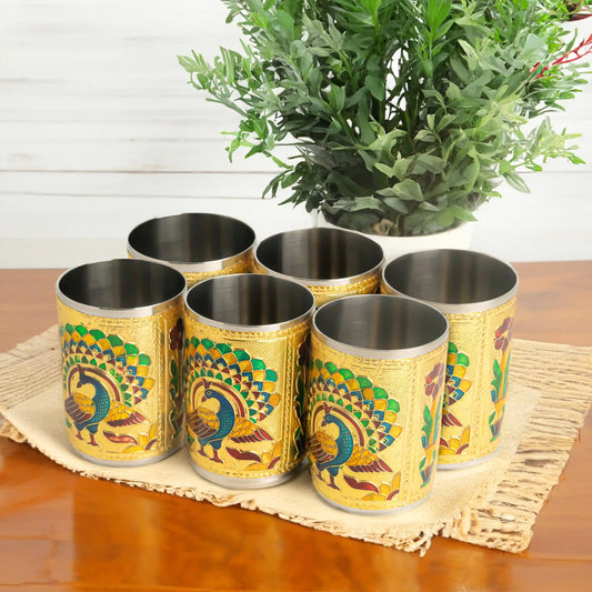 Meenakari Serving Glass Set of 6 Peacock Design | Decorative Steel Drinkware Set