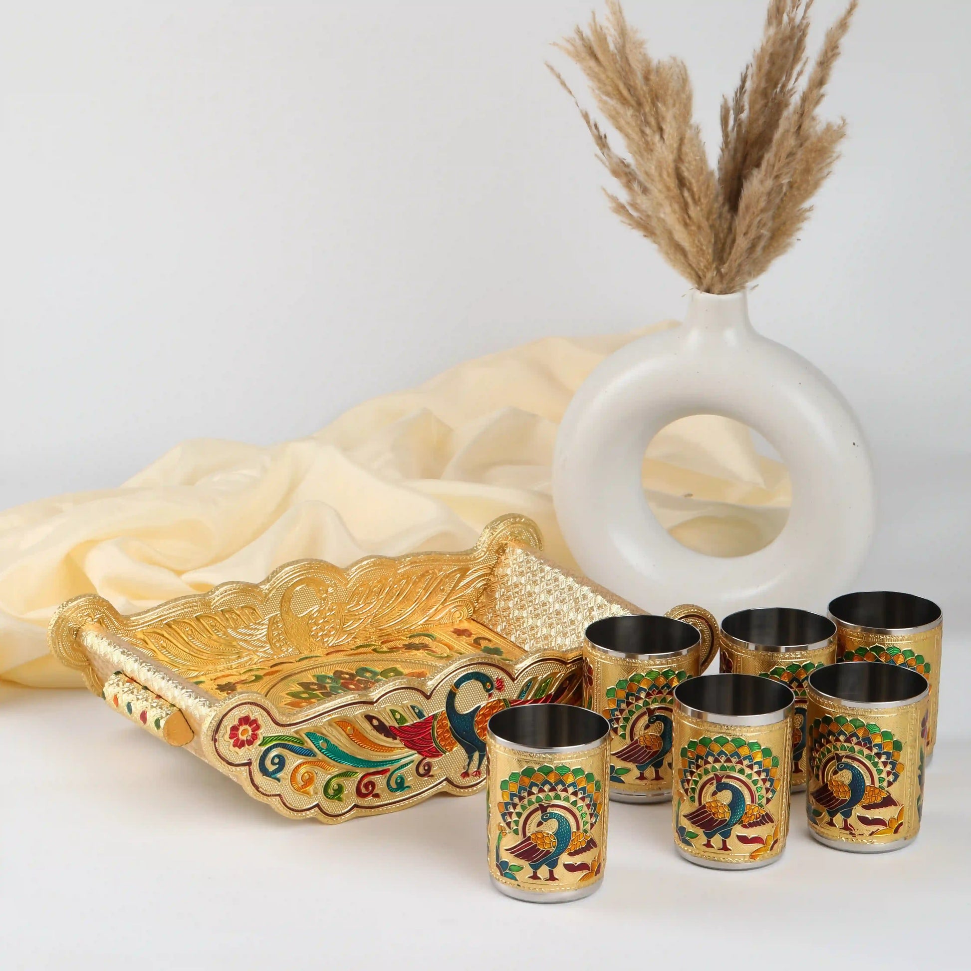 Meenakari Lemon Set Return Gifts | Glass Tray Serving Set for Festivals