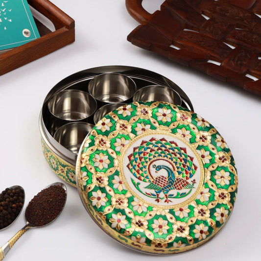 Spice Container Masala Storage Box Green Peacock Design | Kitchen Organizer