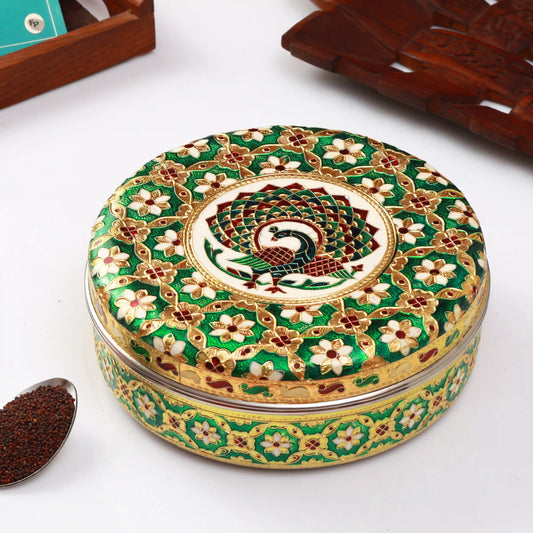 Spice Container Masala Storage Box Green Peacock Design | Kitchen Organizer