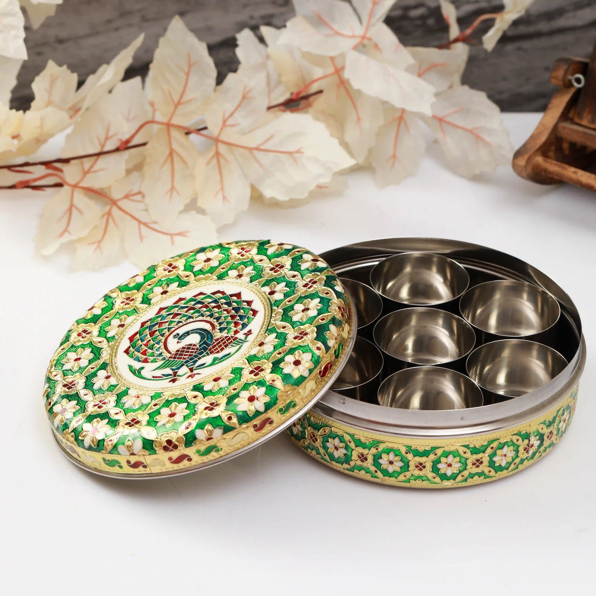 Spice Container Masala Storage Box Green Peacock Design | Kitchen Organizer