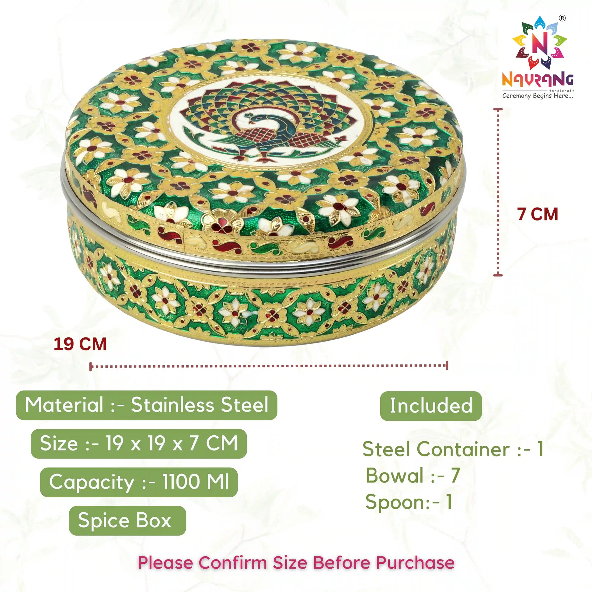 Spice Container Masala Storage Box Green Peacock Design | Kitchen Organizer