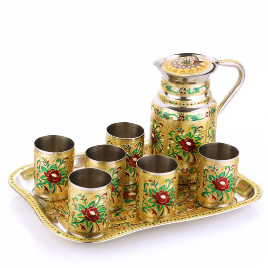 Lemon Set Steel Meenakari Tray | Jug & Glass Serving Set for Home & Gifting