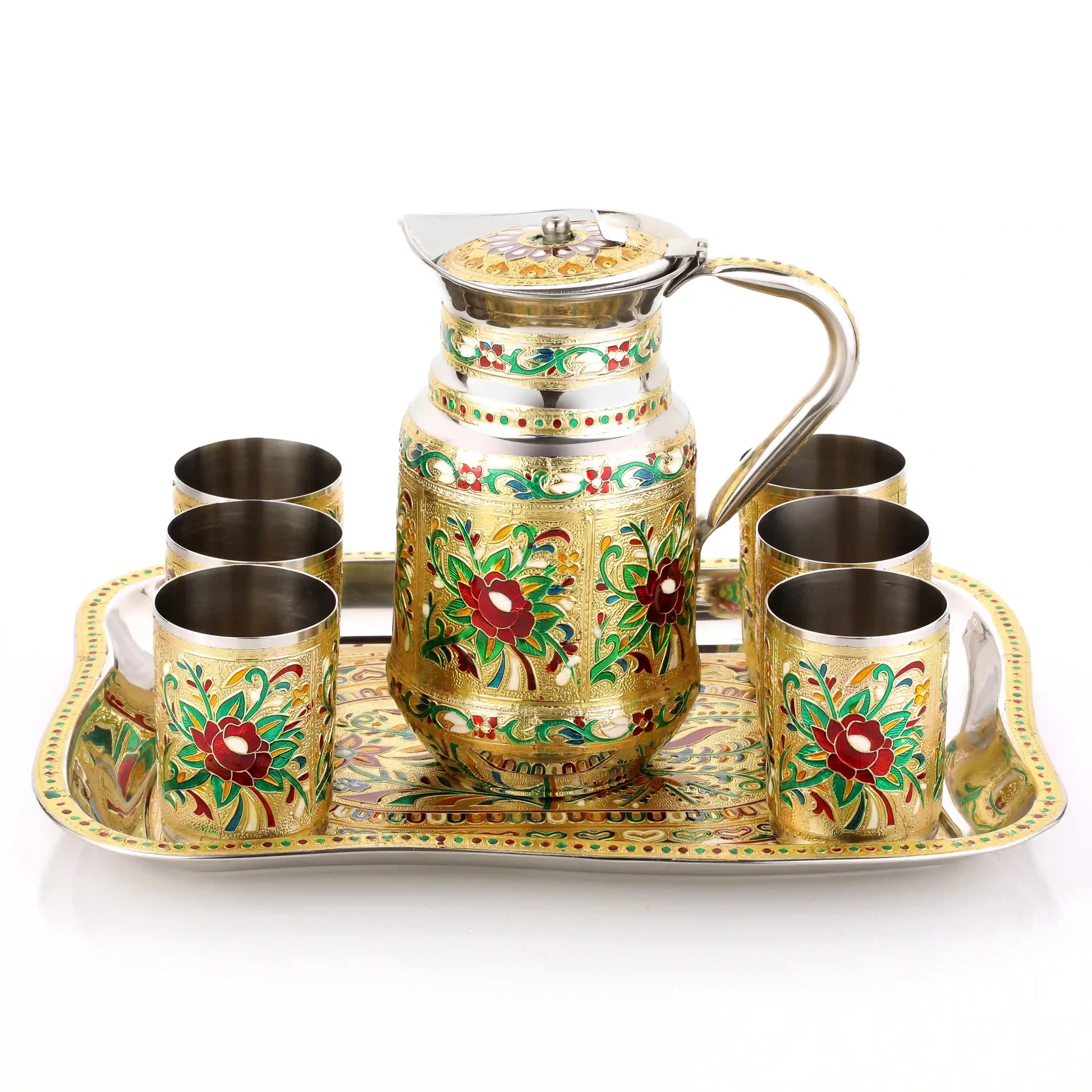 Lemon Set Steel Meenakari Tray | Jug & Glass Serving Set for Home & Gifting