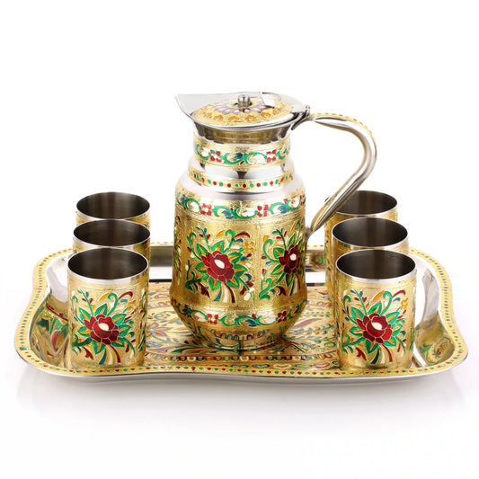 Lemon Set Steel Meenakari Tray | Jug & Glass Serving Set for Home & Gifting